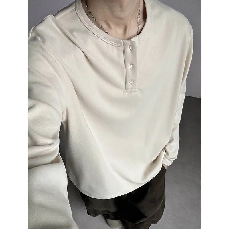 

Autumn Long Sleeved T-shirt Men Fashion Black Button Casual T Shirt Men Streetwear Korean Loose Round Neck T-shirt Mens Top