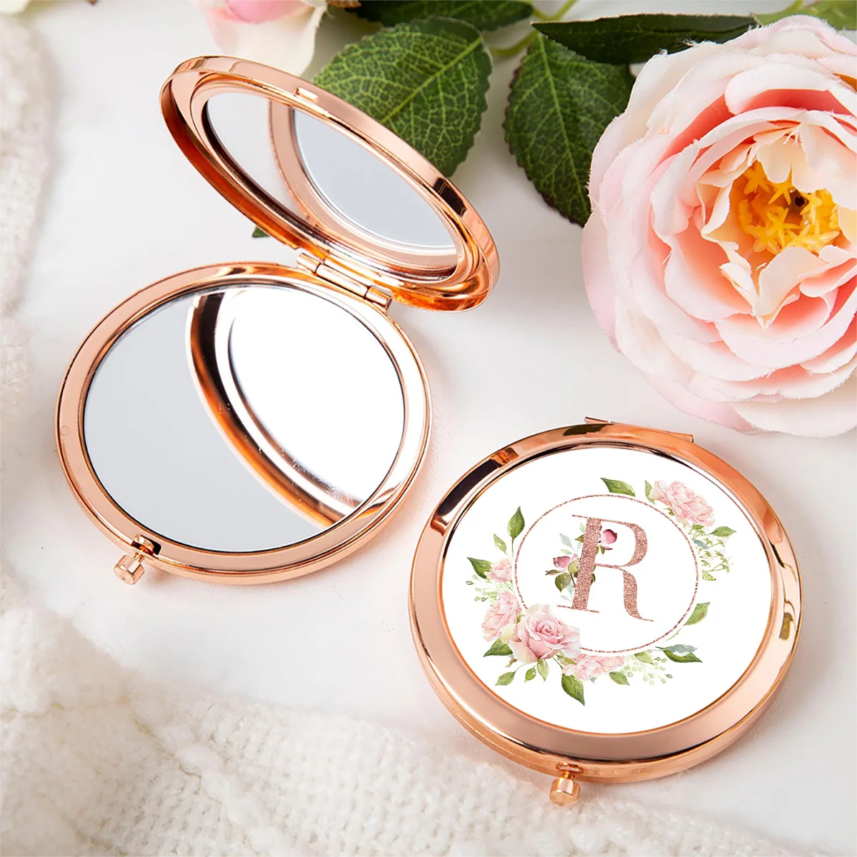 Initial Floral Monogram Compact Mirror Double Sided Pocket Mirror Portable Travel Makeup Mirror for Women Bridesmaid Gift