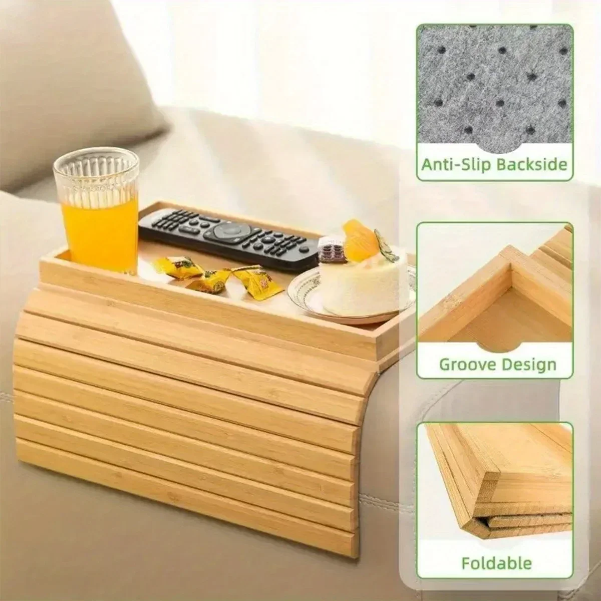 Sofa Armrest Tray Collapsible Bamboo Sofa Armrest Table, Non-slip Sofa Armrest Tray with Cup Holder, Snack Side Table