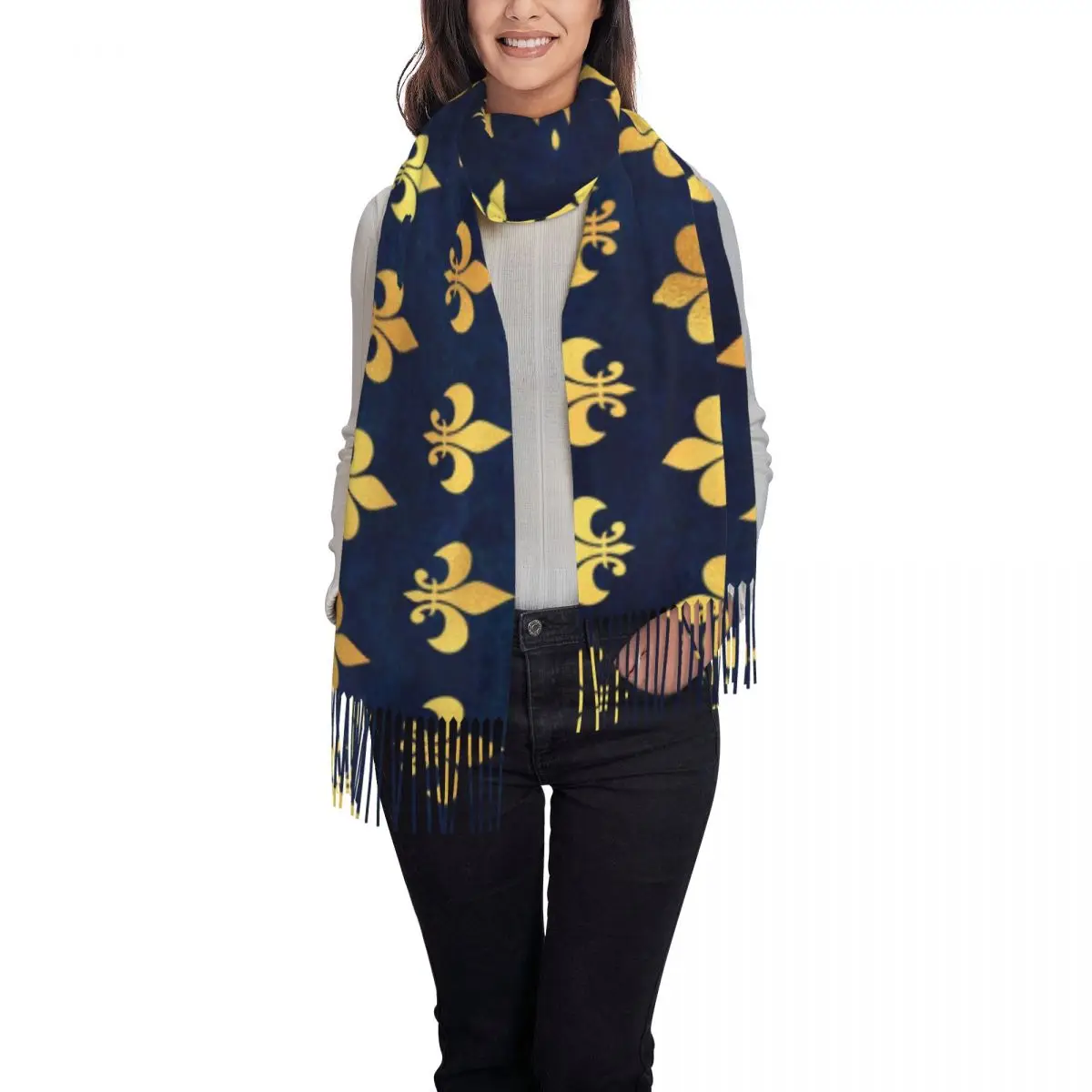 Royal Gold Blue Grunge Fleur De Lis Scarf Women Men Luxury Winter Shawl Wraps Lily Flower Tassel Wraps