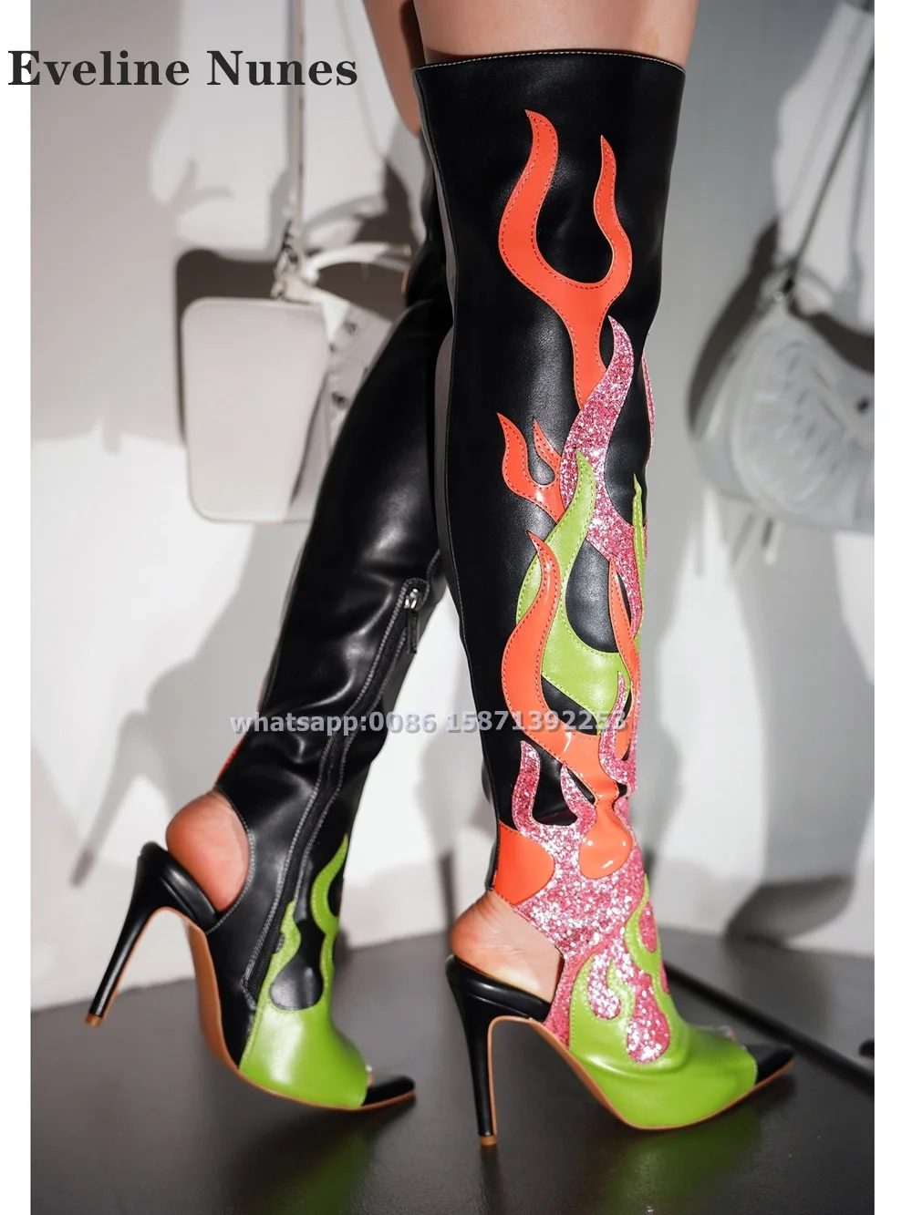 Firess Sequin Open Toe Flame Thigh-High Heels Mixed Colors Sexy Side Zipper Slingback Crafted In Sleek Tall Boots Spicy Girl