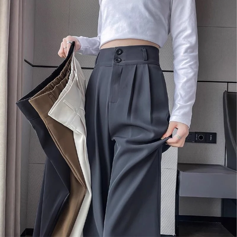 

Elegant Spring Autumn Casual Suit Pants Straight Office Lady Commute Zipper Buttons Pant Women Loose Fashion Korean Trousers