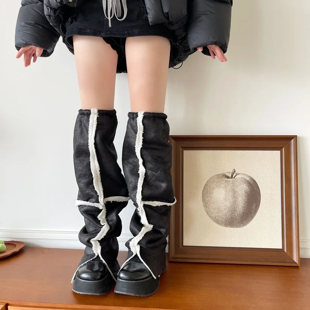 موضة سميكة الجلد المدبوغ تدفئة الساق منتصف العجل حماية الرياح غطاء للقدم بدوره إلى أسفل طوق تصميم الأحذية الدافئة غطاء الشارع الشهير #4