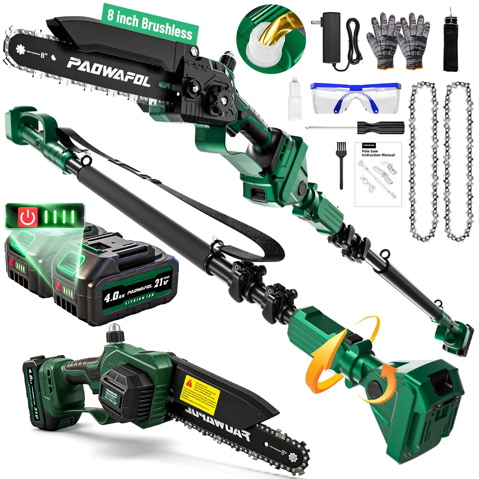 2-in-1 Electric Pole Saws for Tree Trimming, 8 Inch Cordless Mini Chainsaw with 15 FT Extension Pole, Saw Powered with 2*4.0Ah