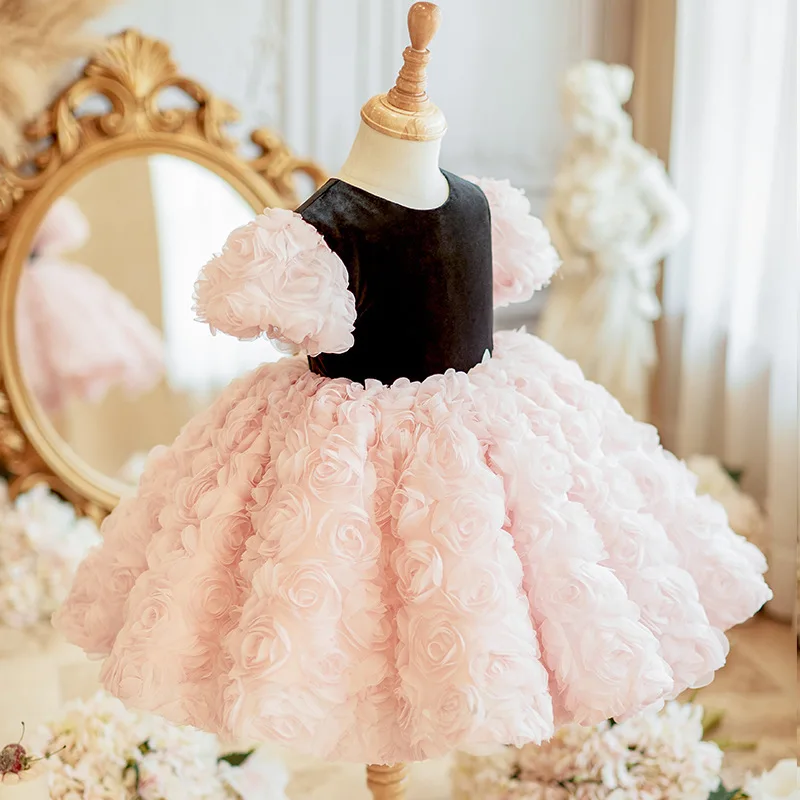 2024 Flowers Elegant Birthday Party Dress for Kids Girl Luxury Pageant Tulle Short Evening Gown Children Cute Princess Dresses