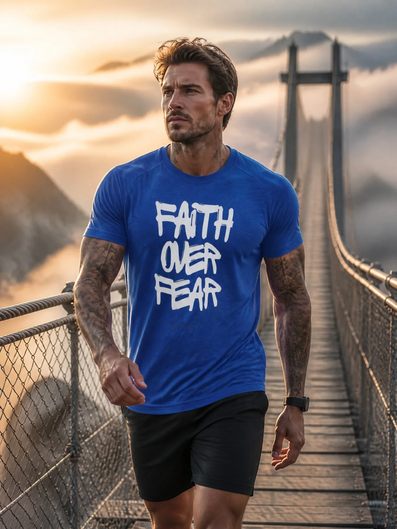 Faith Over Fear Textured Printed Men's Silk T-Shirt Ultra-Stretch Outdoor Fitness Basketball Daily Sports Short Sleeve