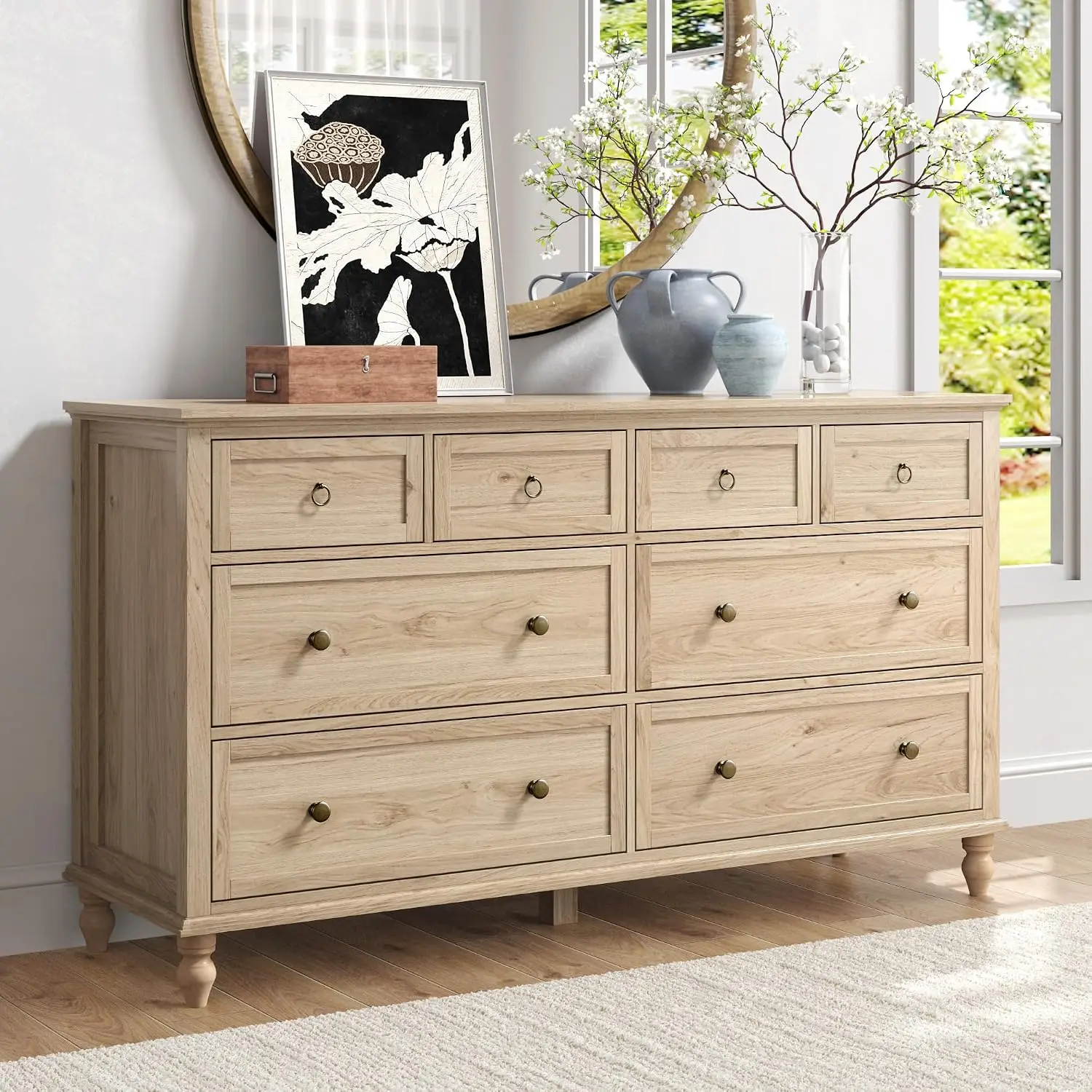 Rustic Wood 8 Drawer Dresser W/Deep Storage,Large Capacity Oak Chest For Bedroom & Living Room Entryway, Customized