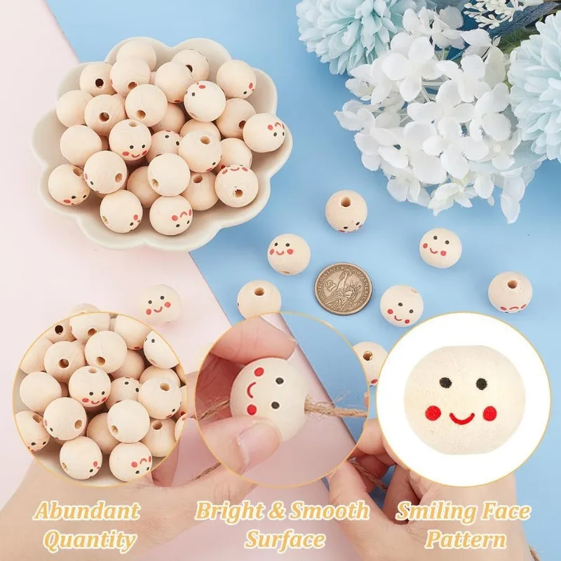 80 Pcs Face Wooden Beads, Smiling Face Beads Round Ball Beads Loose Spacer Beads Smooth Happy Face Bead Face Bead