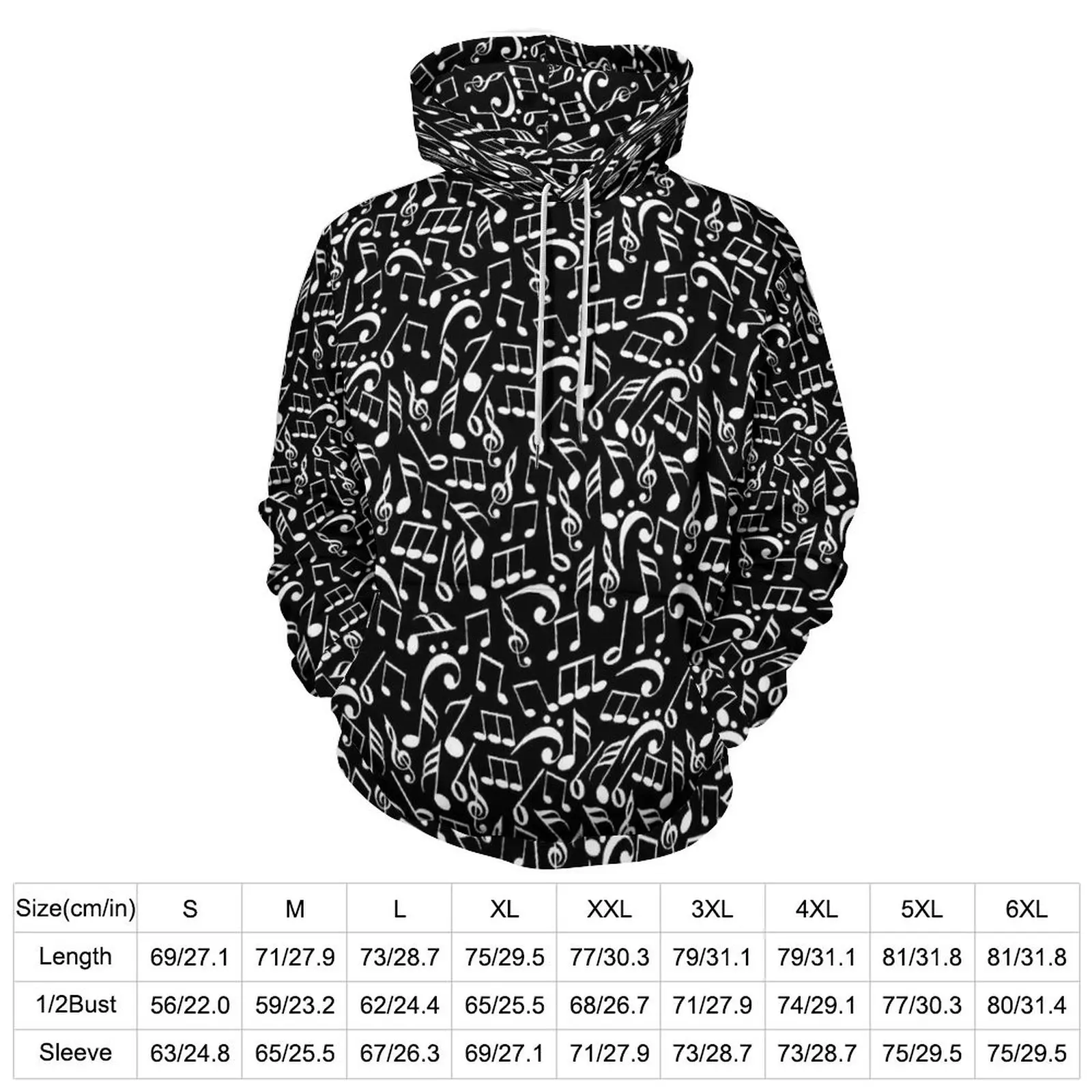 Music Notes Loose Hoodies Black and White Classic Hoodie Male Long-Sleeve Y2k Design Sweatshirts Big Size 4XL 5XL