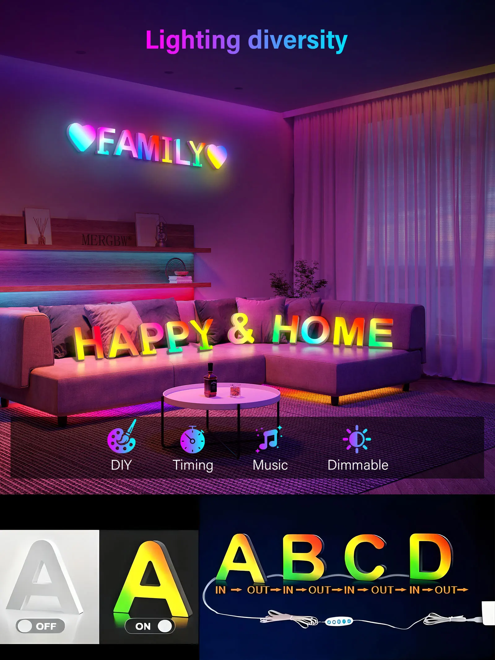 1PC Smart LED Letter Light - DIY RGB Marquee App Control Music Sync Indoor Sign Game Holiday Party Wedding Graduation Season A-Z