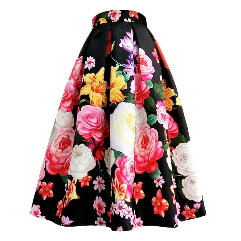 Women\'s Fashion Vintage Summer Designer Flower Print Skirt Female High Waist A-line Skirt Ladies Elegant Temperament Skirts Q625