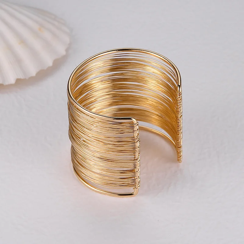Vintage Punk Layered Wide Wire Cuff Bangle Bracelets for Women Exaggerated Gold Silver Color Metal Bangle Female Trendy Jewelry