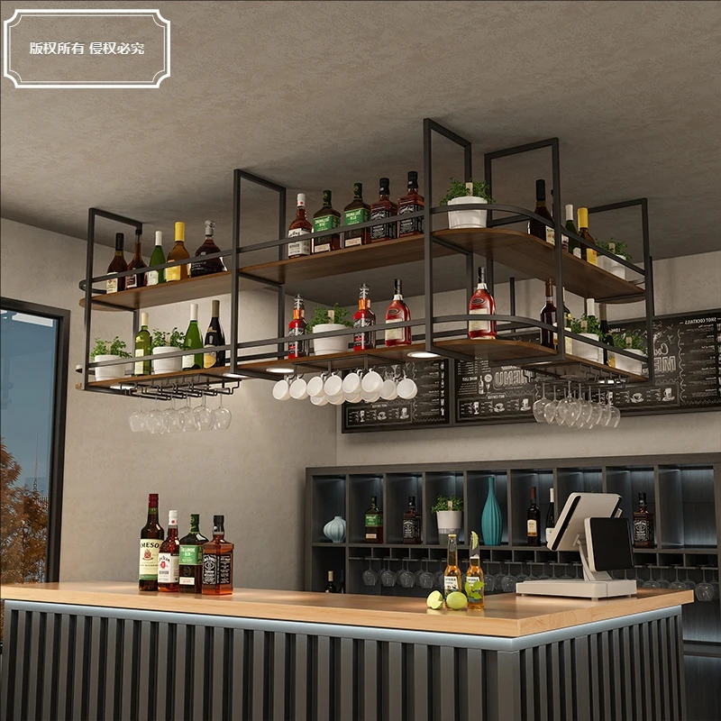 رف النبيذ من الحديد المطاوع على الطراز الصناعي، رف شماعات، طاولة بار، مطعم، بار، سقف معلق للمطبخ، خزانة معلقة