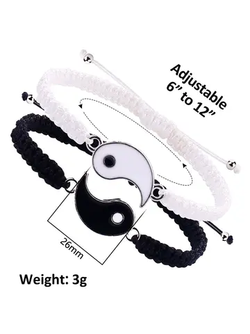 1 Set of 2 Simple Tai Chi Bagua Black and White Yin and Yang Rope Braided Telescopic Adjustment Bracelet for Men and Women Coupl
