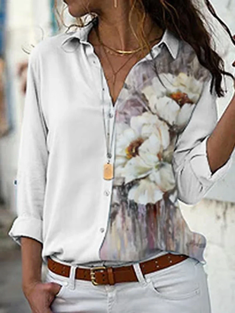 Women's casual long sleeved shirt, elegant floral shirt, loose oversized lapel shirt, 2024 new women's shirt