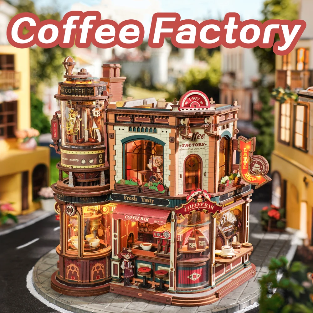 Pawsera DIY Coffee Factory Model Kit - 3D Wooden Puzzle for Adults with LED Lights, Music & Figurines, Unique Birthday Gift Idea