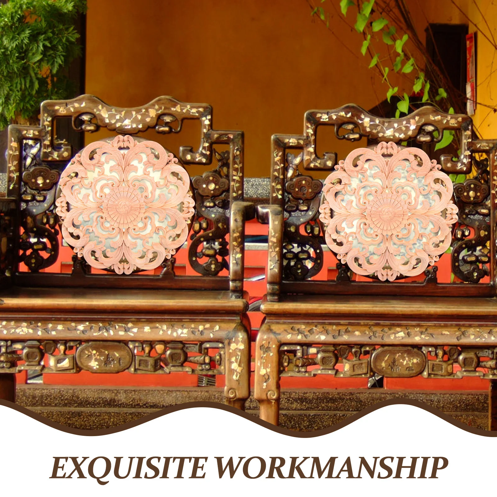 

1pc Wooden Carving Decorative Applique 4" Round Hollow Carved Onlay For Door Furniture Wall Home Living Room Decoration