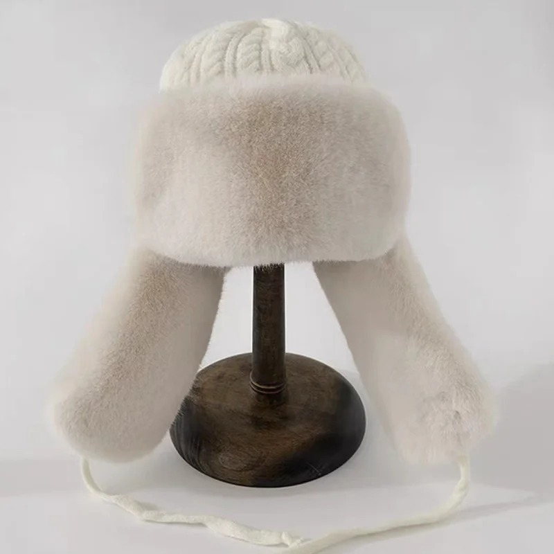 Cappello lavorato a maglia da donna con paraorecchie estese - Berretto invernale antivento per il ciclismo, design con chiusura a cravatta ispessita in stile coreano