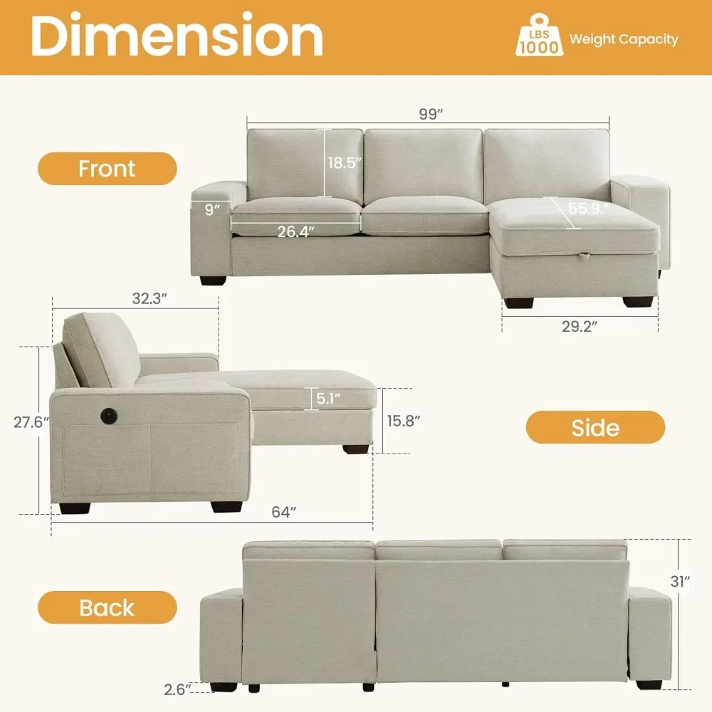 L-Shaped Sofa with Storage,  Couch for Living Room, Sofa with Reversible Chaise,, 3-Seater Apartment Sofa with Charge Ports100