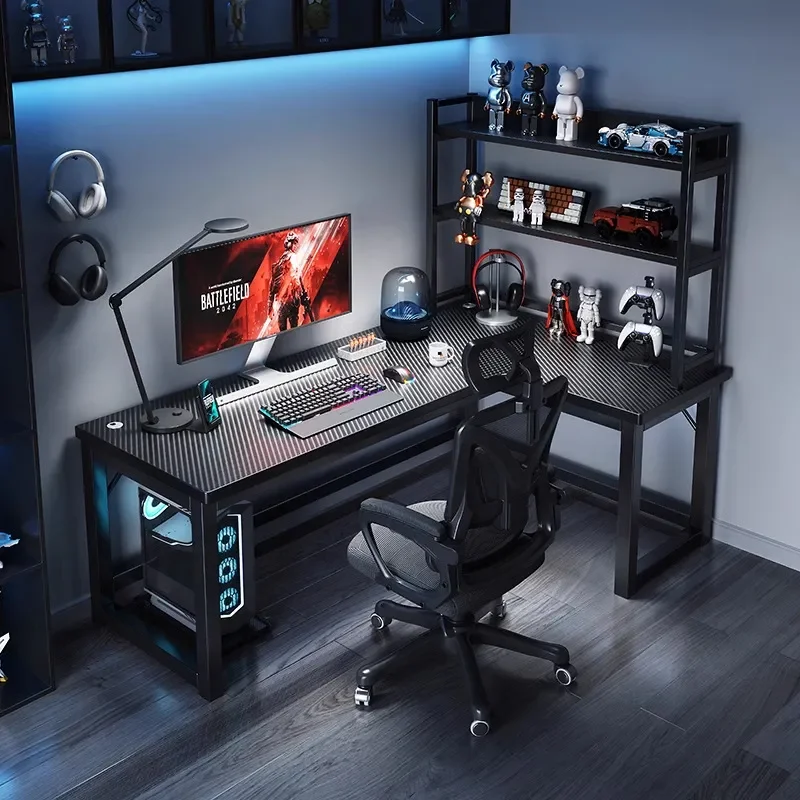 Corner Gaming Table Computer Desk Double Desktop with Bookshelf for Bedroom Home Office Workbench