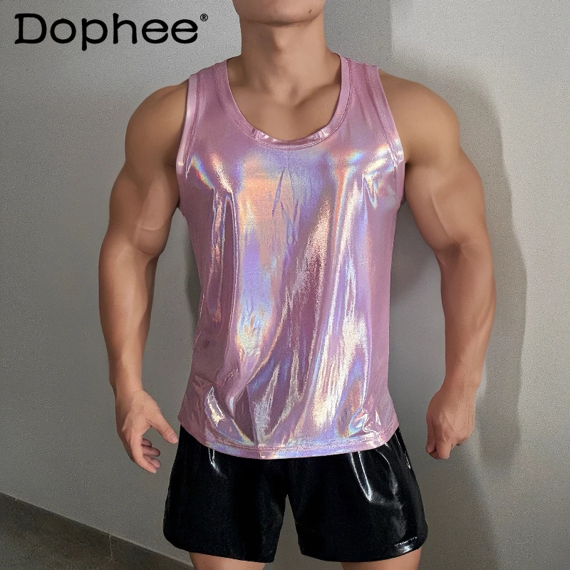 

Men's 2025 Summer New Fashion High Elastic Tank Tops Male Retro Soft Faux Leather Sleeveless Vests Fitness Training Clothes Tops