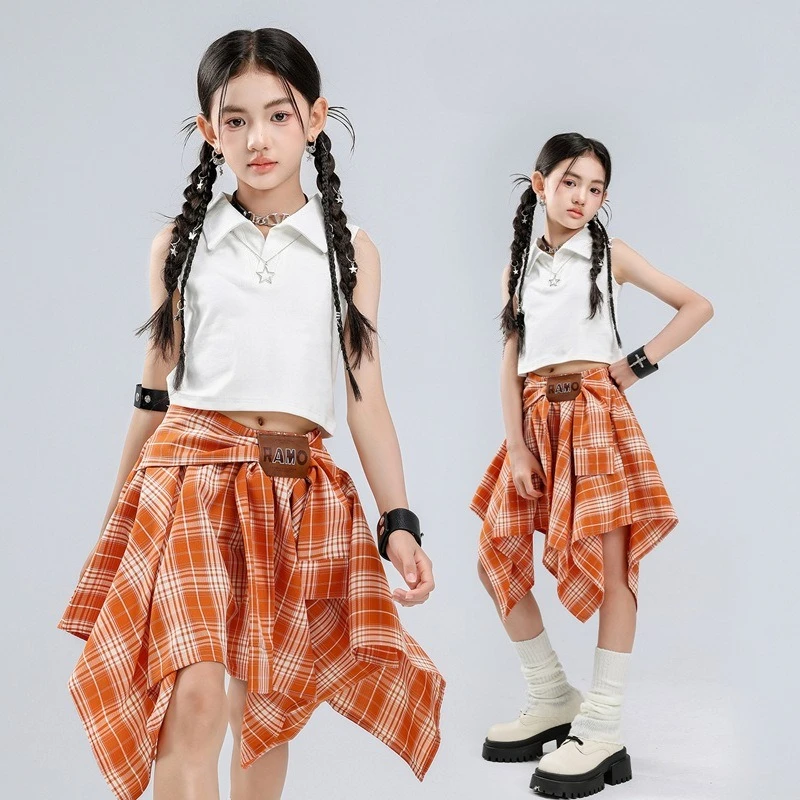 

Jazz Stage Outfits Girls Performance Clothing Hip-Hop Dance Clothes Group White Vest Tops Skirt Street Dance Competition Wear