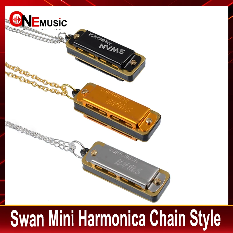 10Pcs Swan Mini Harmonica 4 Holes 8 Tones Harmonica Mouth Organ Metal Chain Necklace Style