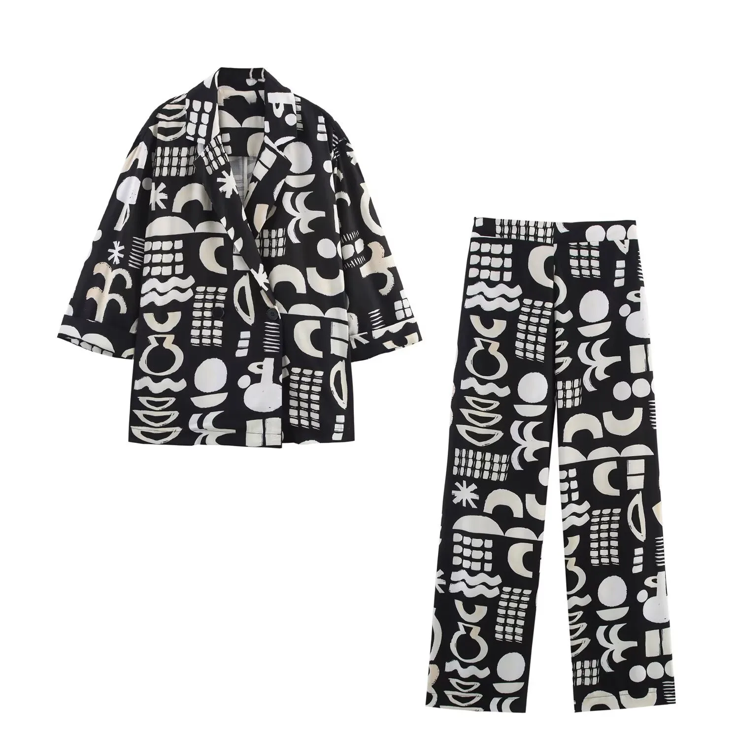 

ZBZA Women's Geometric Print Shirt Trousers Set Loose Lapel Double-breasted Top High Waist Straight Pants Spring Summer New Suit