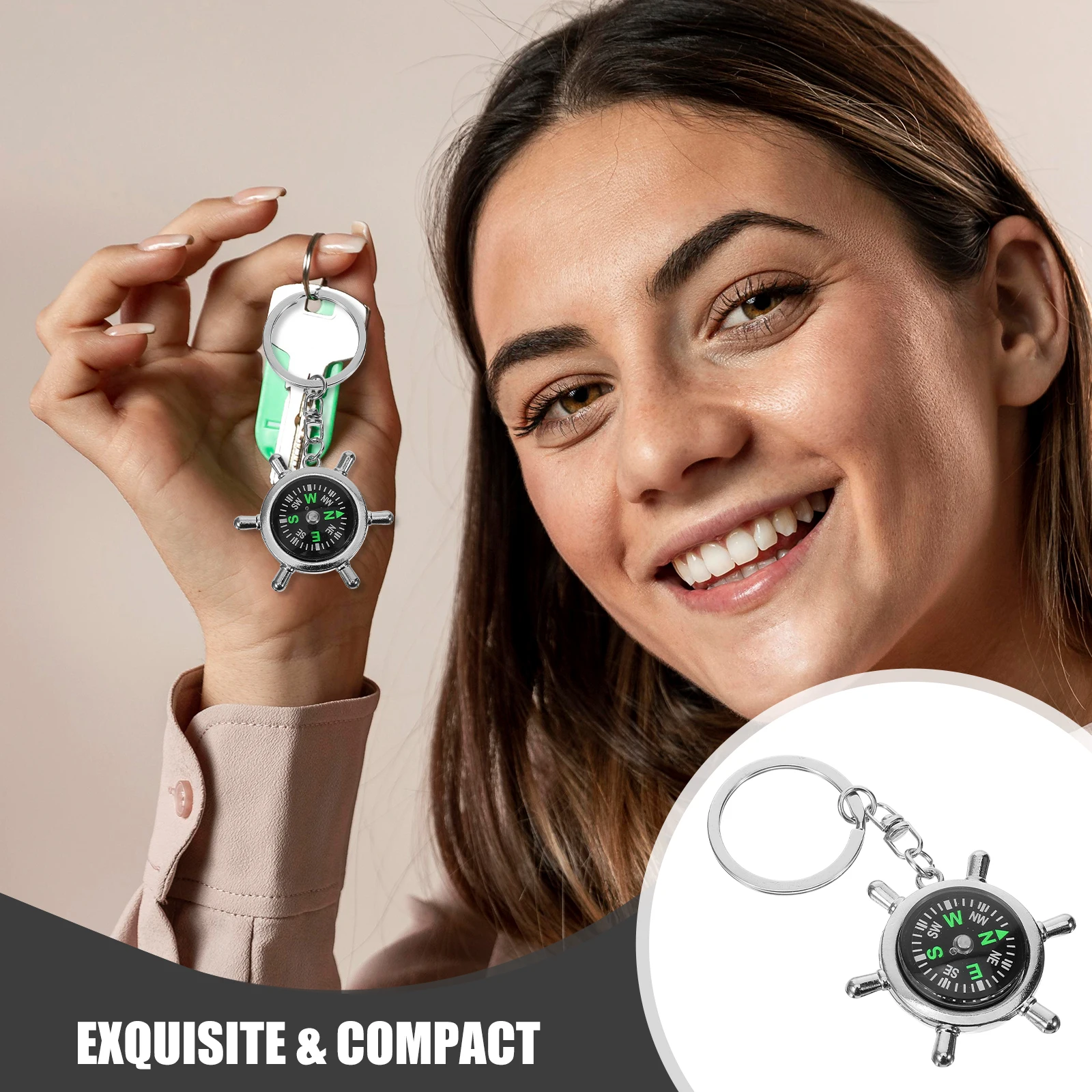 

3pcs Rudder Shaped Compass Key Ring Keychain For Hiking Camping Pocket Portable Buckle Hanging Metal Rubber Outdoor Survival