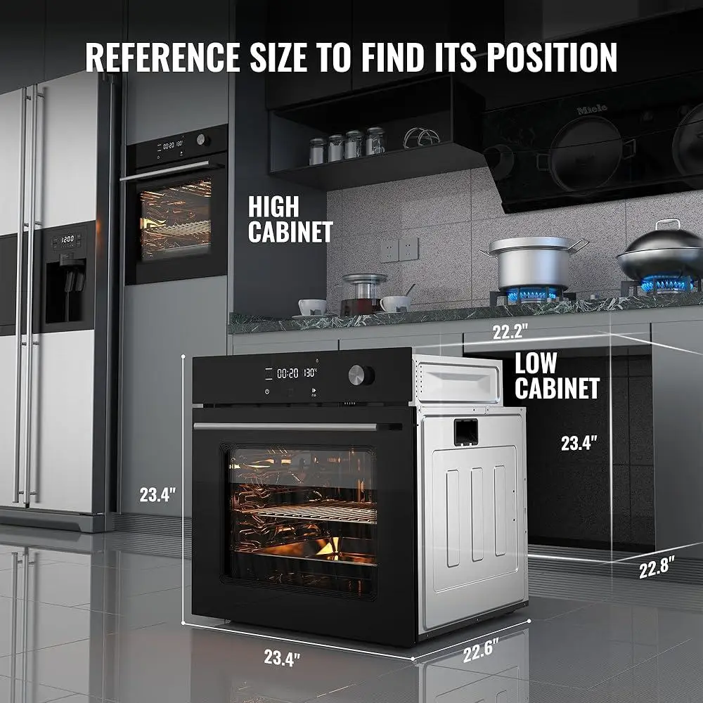 Horno eléctrico de pared de convección de 24 pulgadas, 3000W, Control de pantalla táctil, 8 funciones de cocción, puerta de vidrio extraíble de fácil limpieza