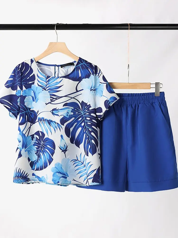 ZANZEA-Tops estampas florais e conjuntos de shorts, roupas casuais, estilo coreano, shorts soltos, sólidos, diário, feriado, 2 peças, verão, 2024