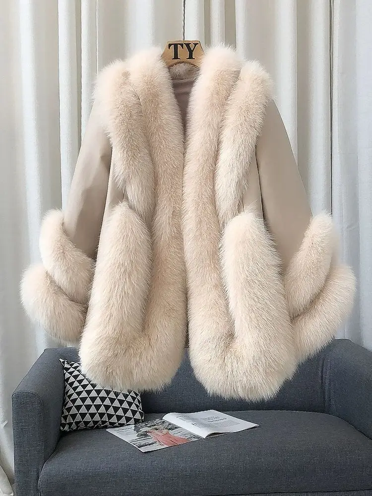 Whole Skin Fox Fur Grass Women's Mid length 2023 New Fur Integrated Sheep Skin White Duck Down Down Coat Winter