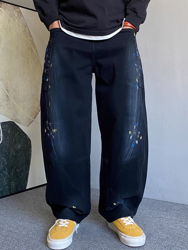 Heavyweight Splashed Ink Denim Jeans Men's Loose Wide Leg Knife  Fashionable Autumn Versatile Casual Straight Cut Jeans