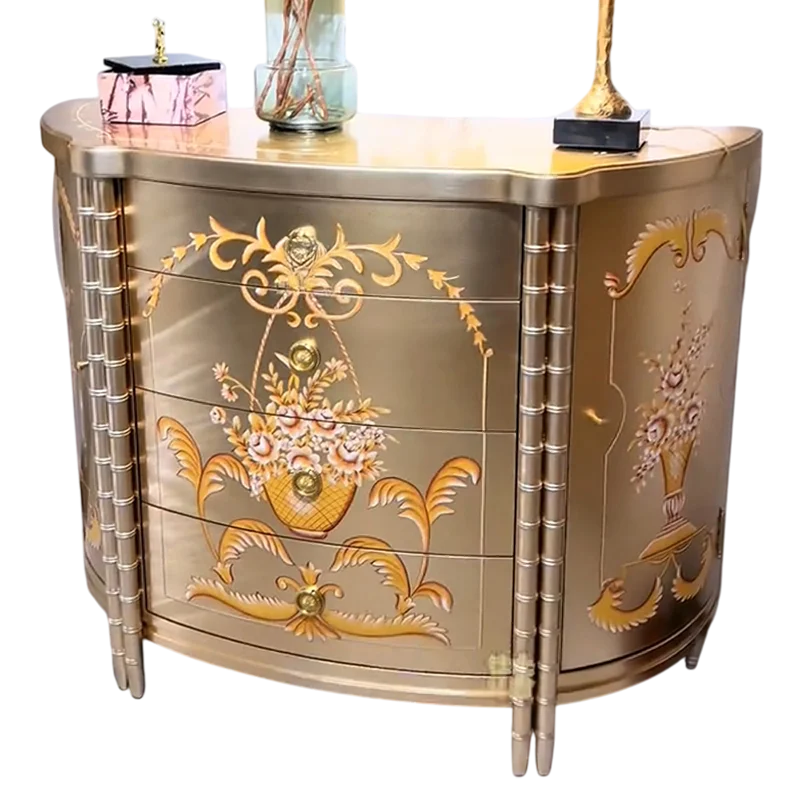 

Французский светлый роскошный входной шкаф из цельного дерева, окрашенный шампанским, европейский декоративный шкаф из серебряной фольги