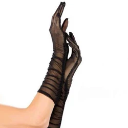 Women Sexy Pearl Hollow Mesh Transparent Black Cosplay Halloween Ball Party Nightclub High Elasticity Etiquette Long Gloves