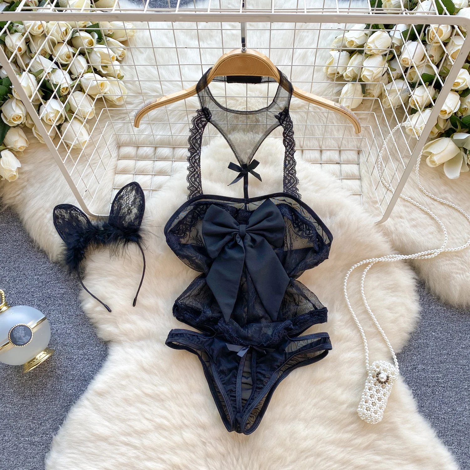 

Женское Кружевное боди с бретелькой через шею, модные облегающие комбинезоны, Эротические комбинезоны, прозрачный слитный комбинезон с бантом, комбинезон, привлекательный