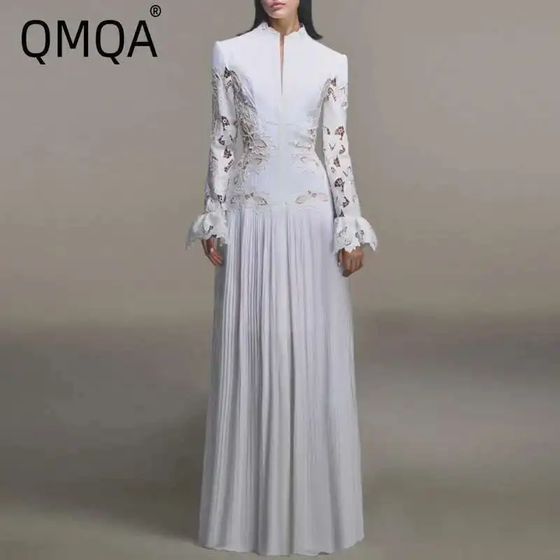 

QMQA Fashion Women's Dress Niche Design Hollowed Out Lace Splice Flare Sleeve High Waist Elegant Maxi Dresses 2025 New QM326