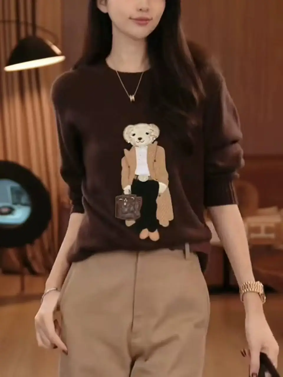 가을 겨울 신상 레트로 만화 테디베어 스웨터 여성용 기품 있는 O넥 긴팔 니트 풀오버 패션 다용도 상의