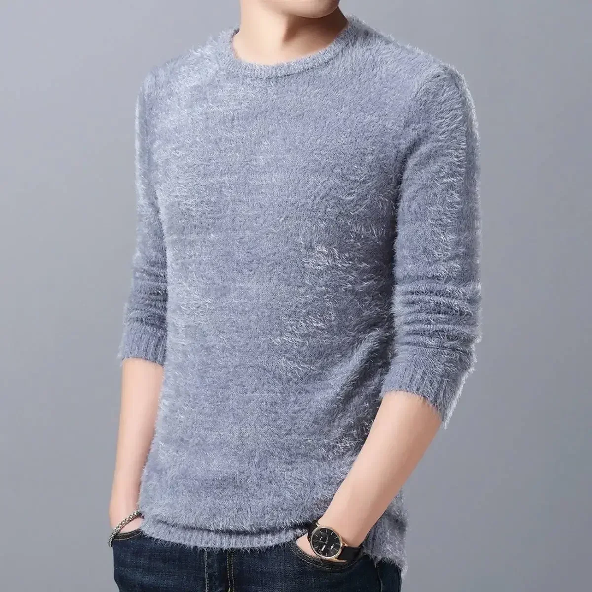 Knit Sweater Male Spliced Blue Smooth Pullovers Men's Clothing V Neck Large Big Size Best Selling Products 2024 New in Trend Fun