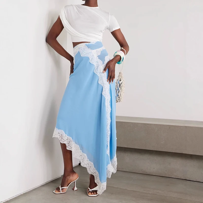 Zomer O-hals Korte Mouwen Lange Jurk Kant Patchwork Dames Avondjurk Nieuwe 2025, Modieuze Holle Onregelmatige Maxi-jurken