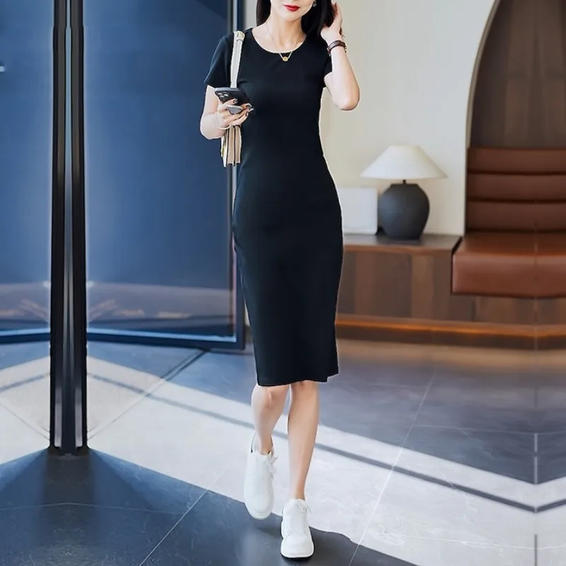 

Summer Solid Short Sleeve Round Neck Pullover Casual A-Line Knee Skirts Vacation Office Lady Bodycon Straight Sweet Dresses