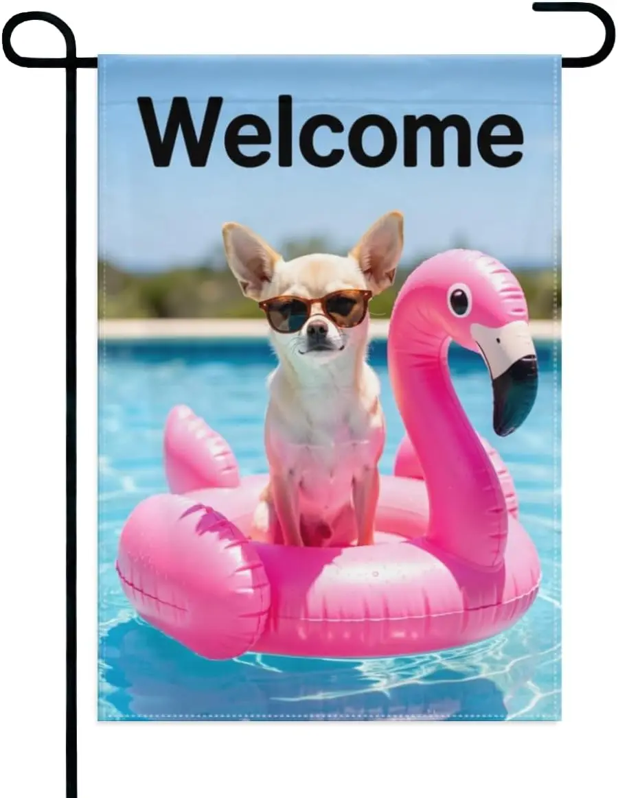 Welcome Chihuahua Dog Garden Flag Double Sided Burlap, Watercolor Butterfly, Summer Pool Party on Flamingo Float for Lawn &a yyi