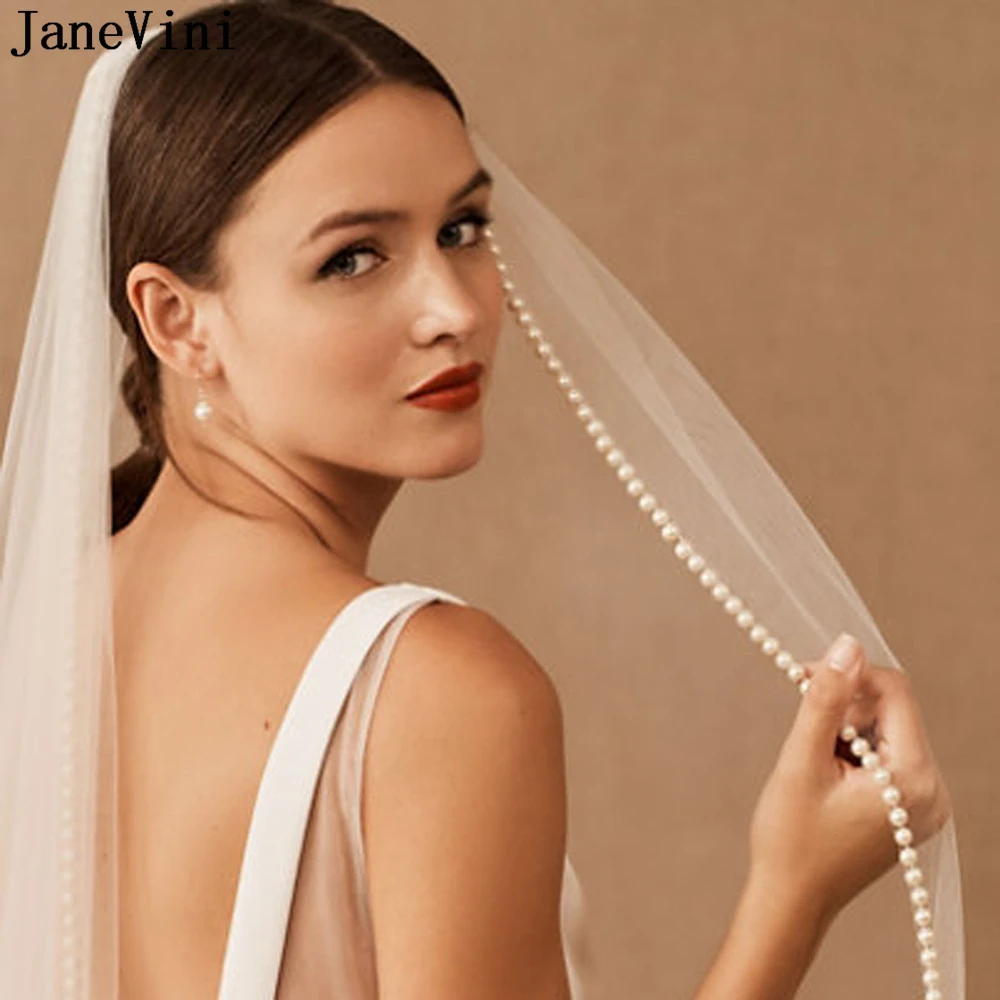 JaneVini Luxo Pérolas Edge Bridal Veils Elegante Curto Véu Do Casamento com Cabelo Pente 1 Tier Fingertip Noiva Italiano Tulle Veil