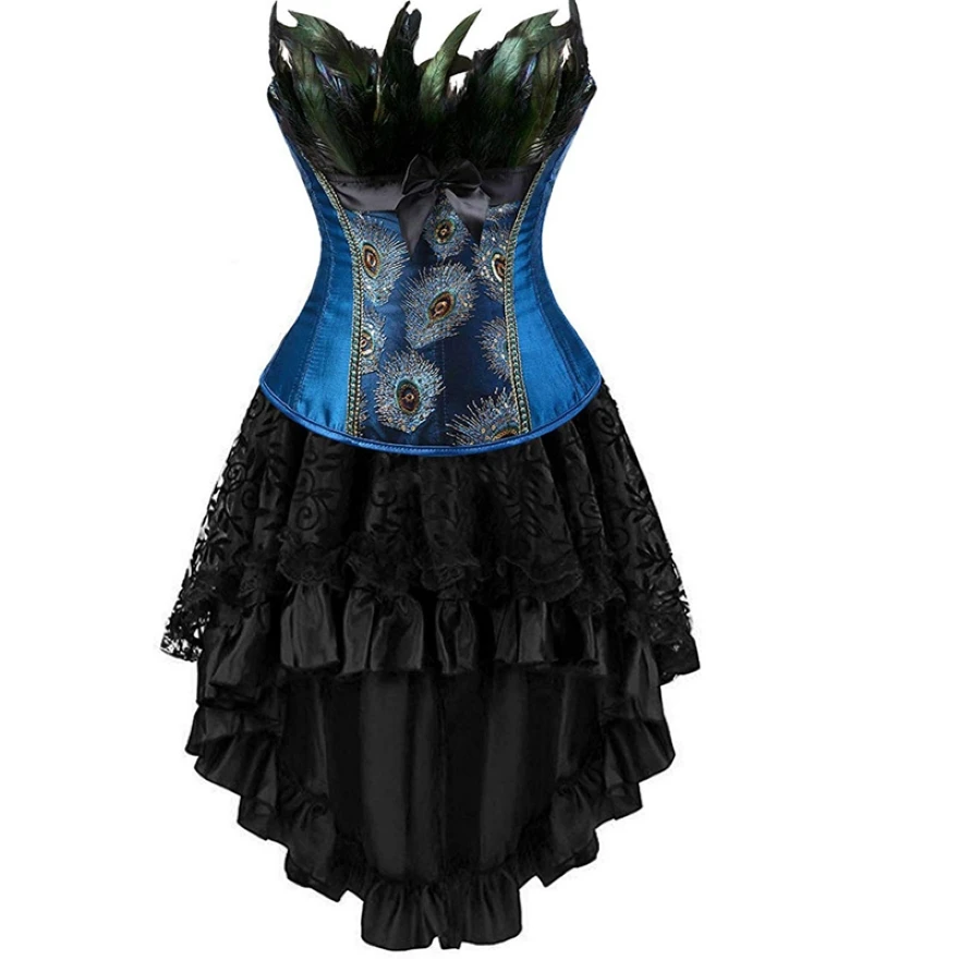 Women Corset Dress Vintage Feathers Overbust Top Gothic Bustier Lingerie Corset Burlesque Sexy Floral Lace Skirt Set Plus Size