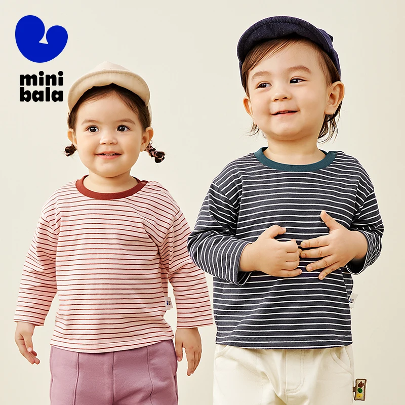 Mini Bala Long Sleeve T-Shirt for Boys and Girls 2024 Autumn Pure Cotton Striped Contrast Color Top