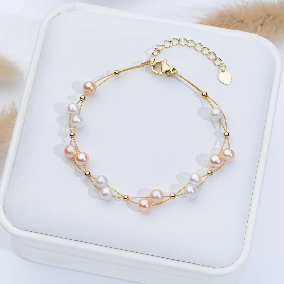 5-6mm Potato Freshwater Cultured Pearl Bracelet for Women 16cm 4cm Extend Chain Adjustable Bracelet Jewelry Gift