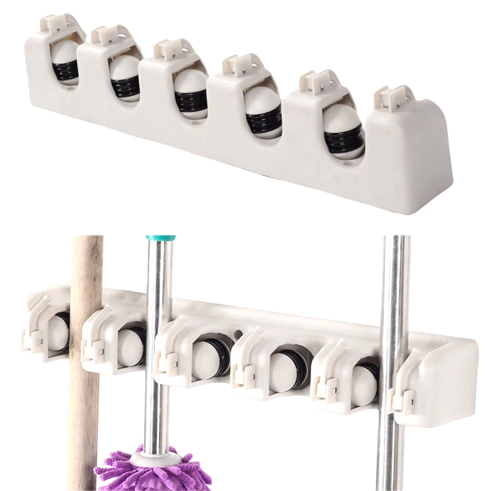 

Mop Hanger Broom Holder 6 Hooks White Bracket Wall Mounted Space Saving Cleaning Organizer Kitchen Garden Garage Laundry Office