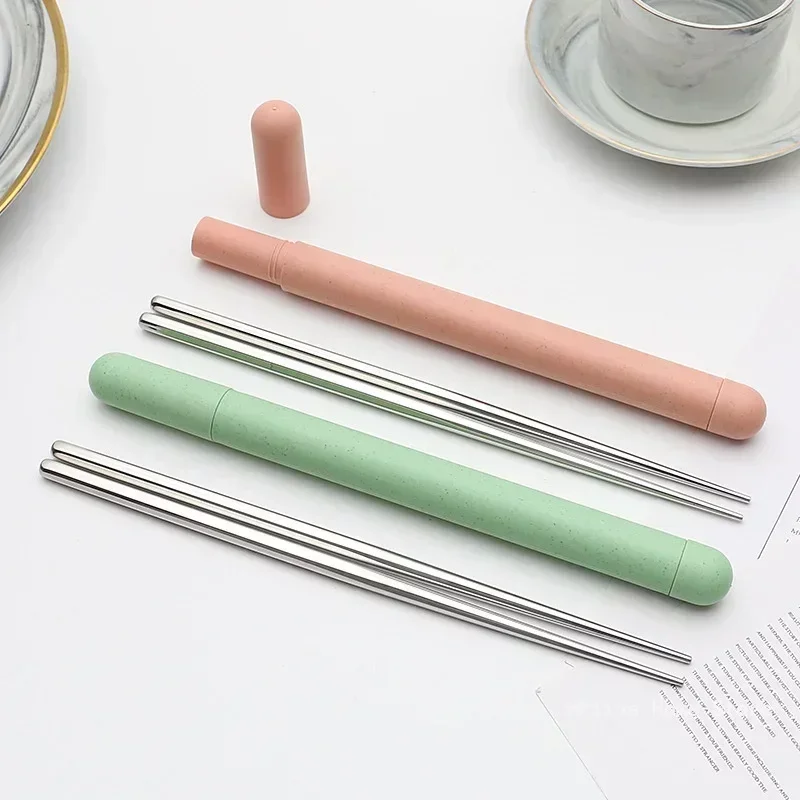 1 par de palillos de acero inoxidable, vajilla para el almuerzo, palillos portátiles de viaje con caja de almacenamiento, accesorios de cocina para el hogar