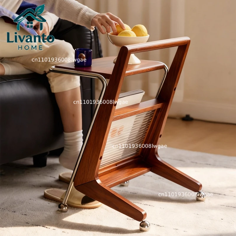 

Mid-Century Modern Storage Shelf Movable Side Table for Living Room Sofa End Tables Solid Wood Bedroom Bedside Organizer