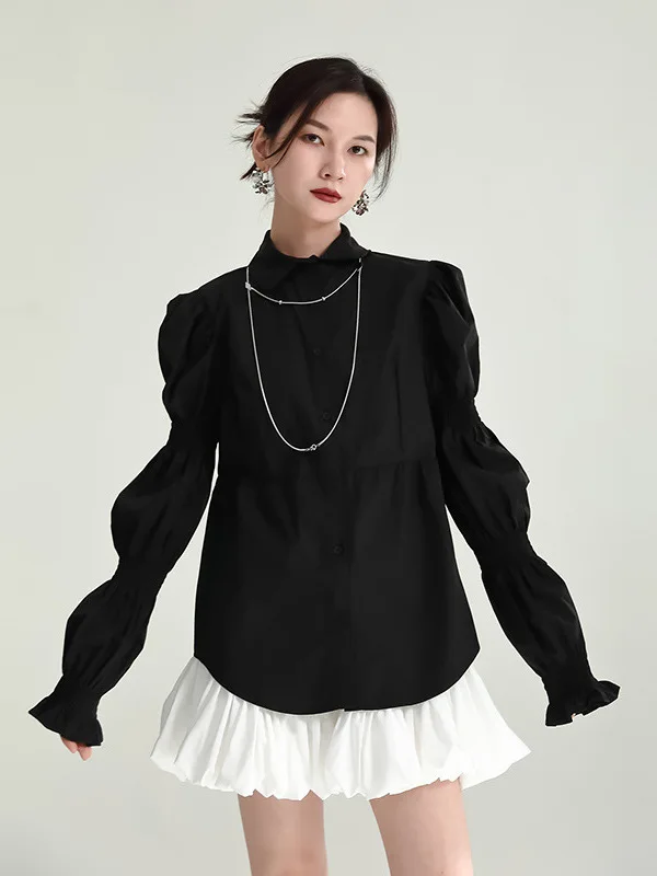  Loose Long Sleeve Women's Shirt Bubble Sleeve Petal Sleeve Slimming Cotton Pure Color Button up Midi Shirt